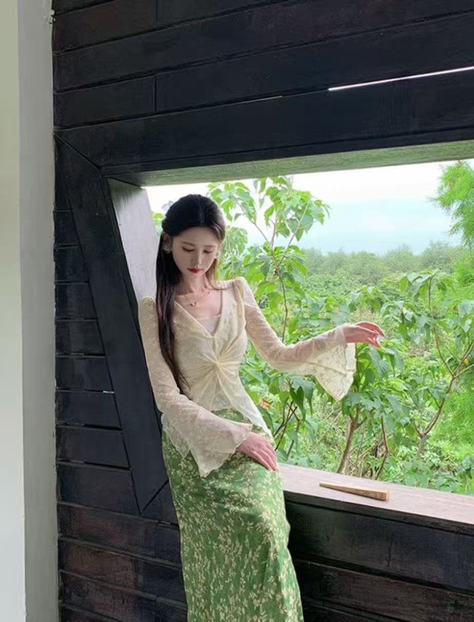 평생 로마의 녹색 岚 매몰 여름 디자인 센스 비틀림 레이스 외부 잡아라. 의류 녹색 岚 매몰 여름 꽃무늬 반신 스커트
