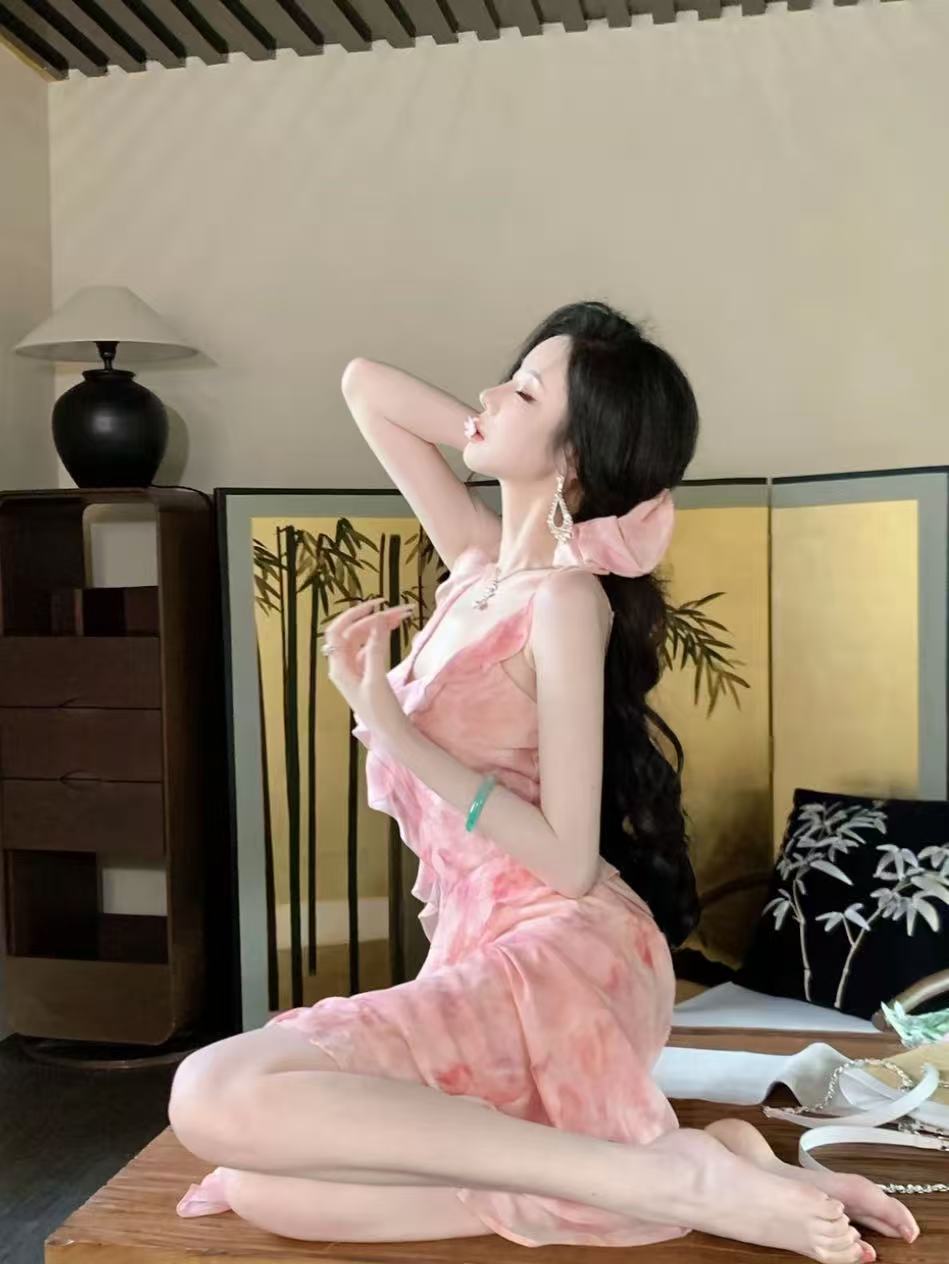 우아한 조 맞춤 갑자기 만나다 복숭아의 꽃 린 비대칭 프릴 쉬폰 꽃무늬 드레스 dyll