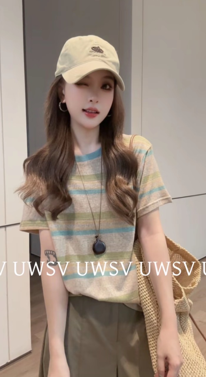 Annan uwsv 외국 가스 일상 캐주얼 작은 키 루즈핏 배색 스트라이프 티셔츠