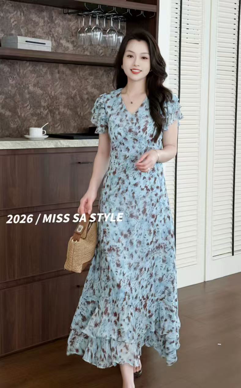 miss sa 블루 커피 꽃무늬 치마 여름 새로운 프랑스식 허리 수축 슬림해 보이는 반팔 드레스