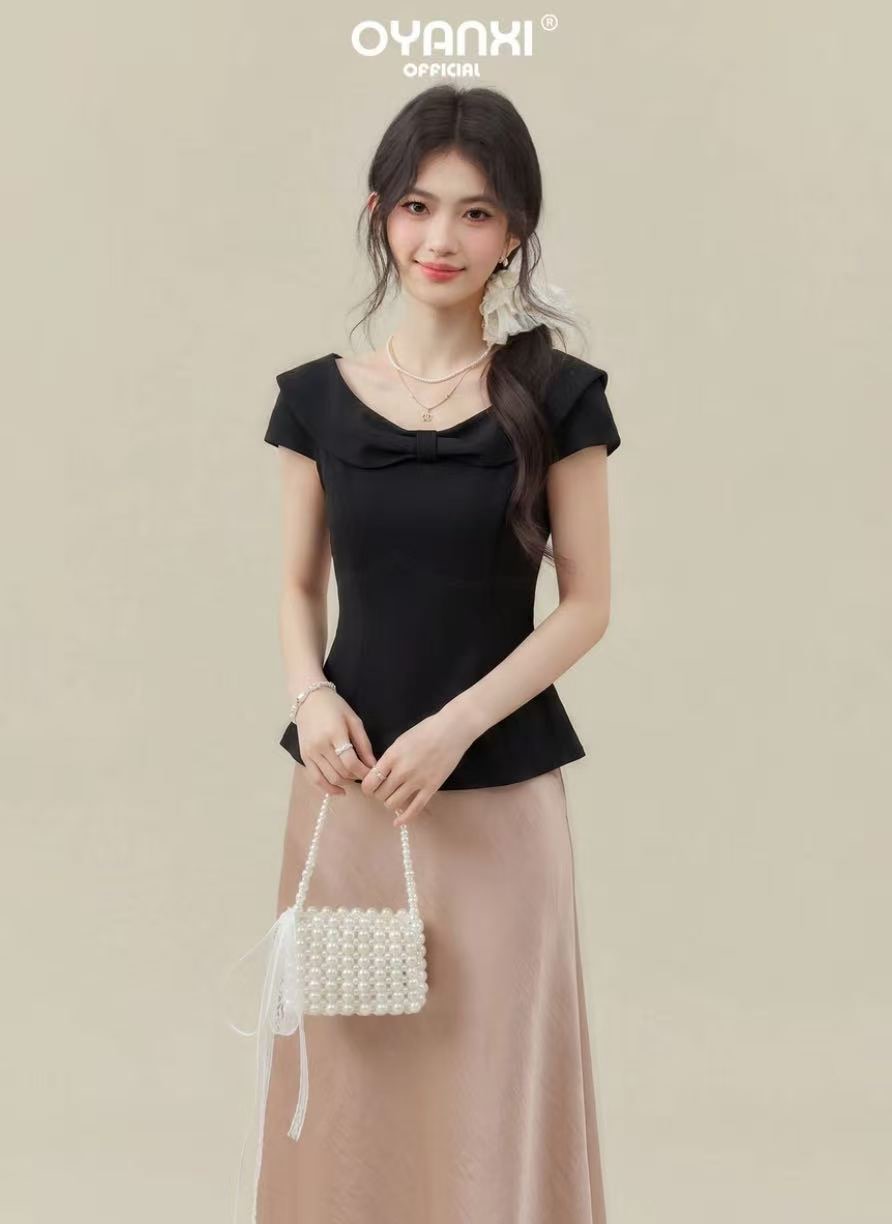 Ouyang 안녕하세요. 첫사랑 가득 차 있지 않음 베이비 칼라 나비 매듭 반팔 작은 날다 소매 티셔츠 여성 여름 몸매 가꾸기 다용도 맨위