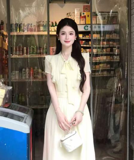 선물 물품 lili 리 리 가족 백색 안개 연애 편지 한 부서 부드러운 바람 레이스업 프릴 허리 수축 드레스