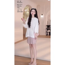 批发YYstudio2026夏季纯色宽松慵懒感七分袖 T 恤+休闲松紧腰碎花短裙