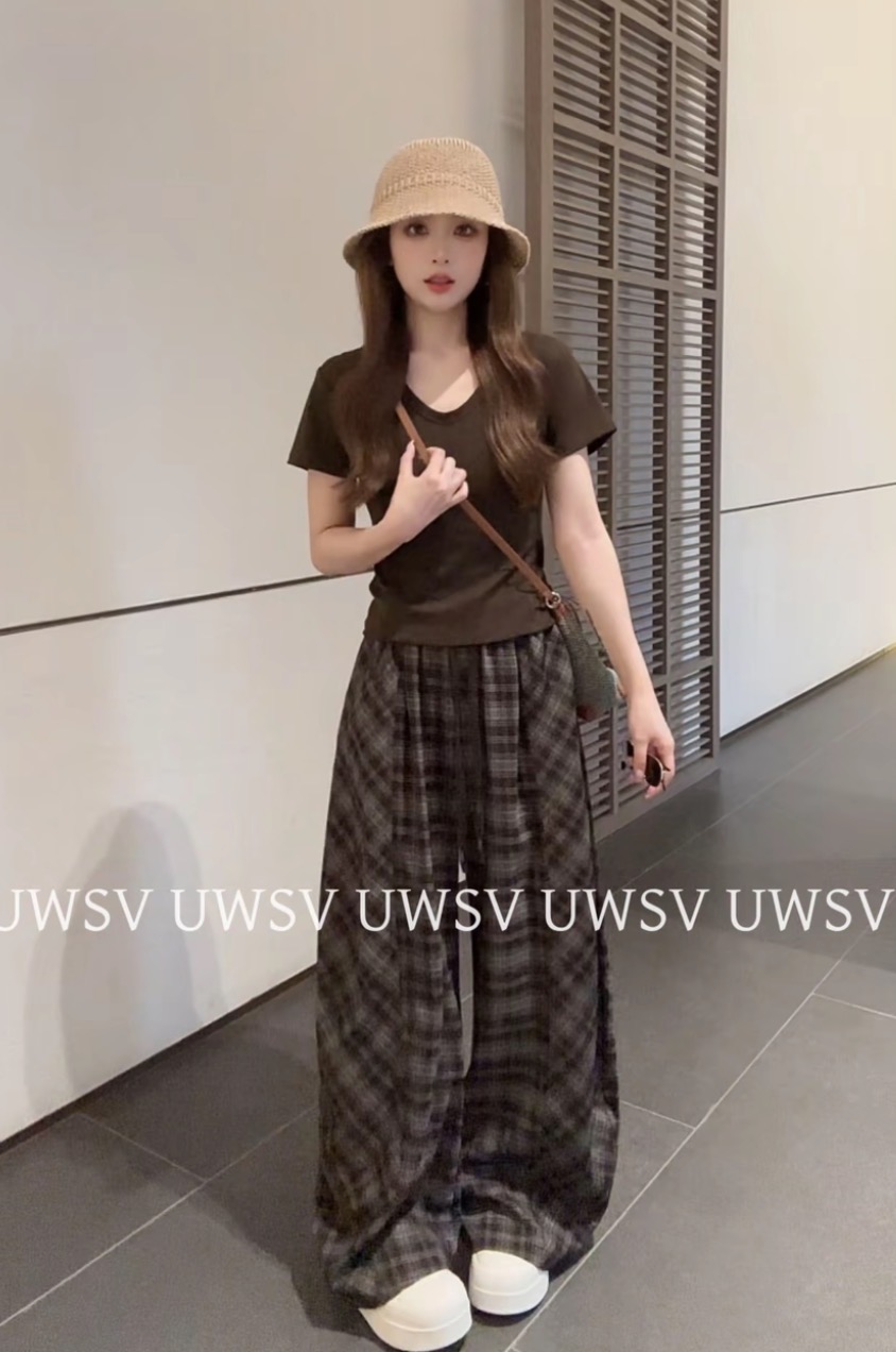 Annan uwsv 여름 새로운 슬림해 보이는 다용도 뒤에 디자인 센스 커피 색상 작은 에디션 티셔츠 체크무늬 캐주얼 바지