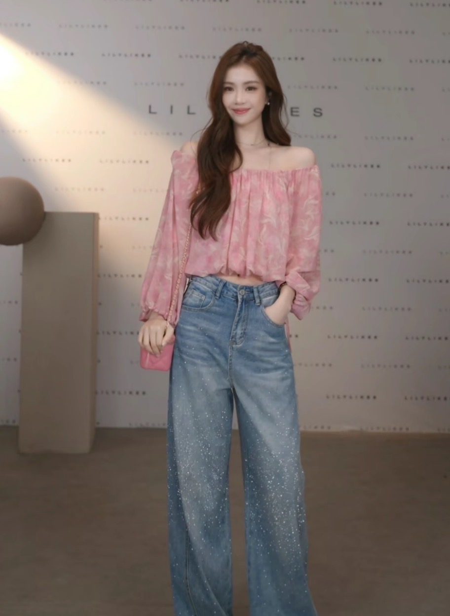 분말 안개 헤일로 염색 오프숄더 거품 소매 쉬폰 톱 잠금 해제 부드러운 순수한 욕망 분위기 센스