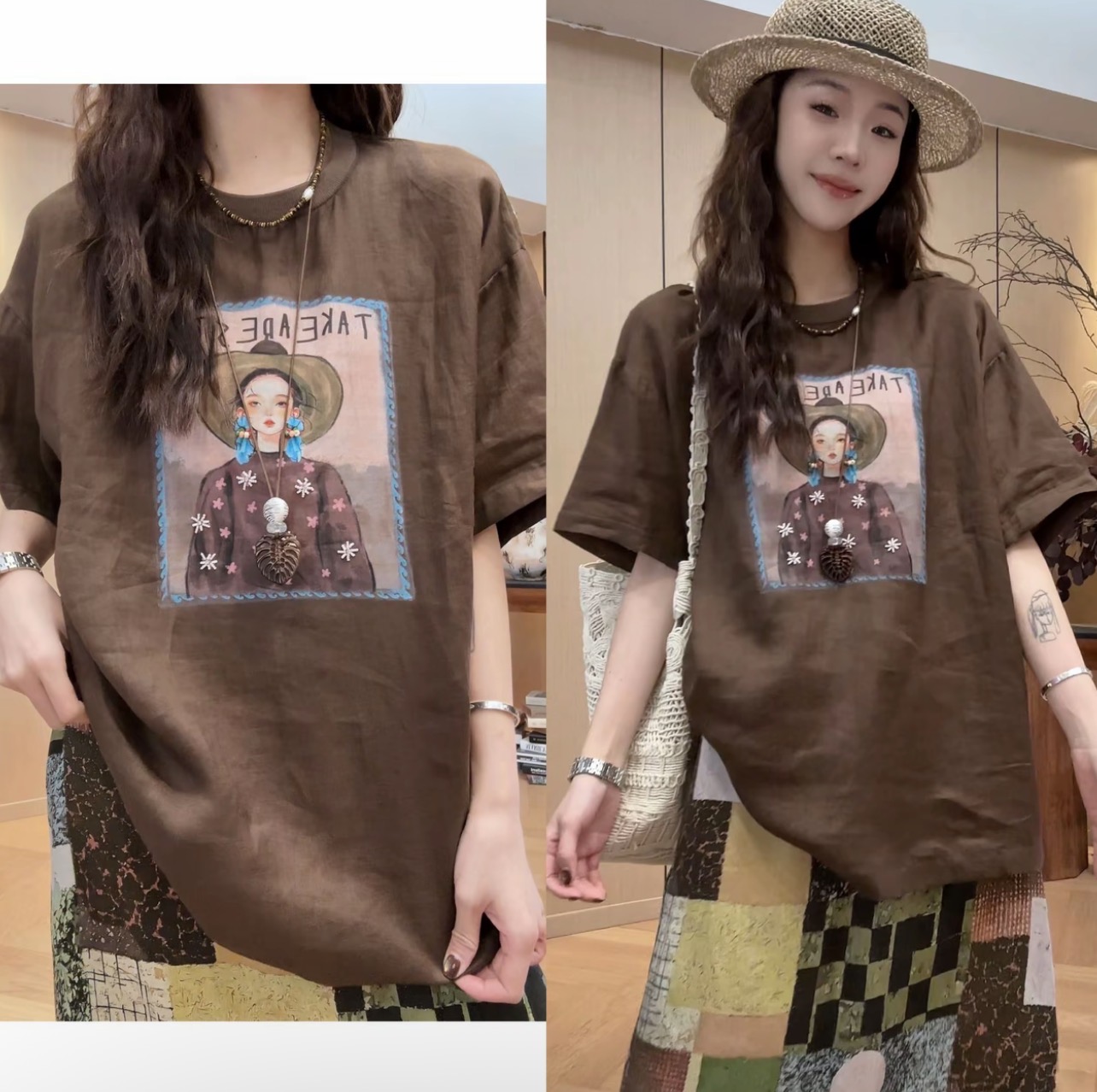작은 조용한 잠시 모자 착용 소녀 라미 맨위 2026 여름 새로운 다용도 슬림해 보이는 티셔츠 블루 꽃 부츠컷 바지