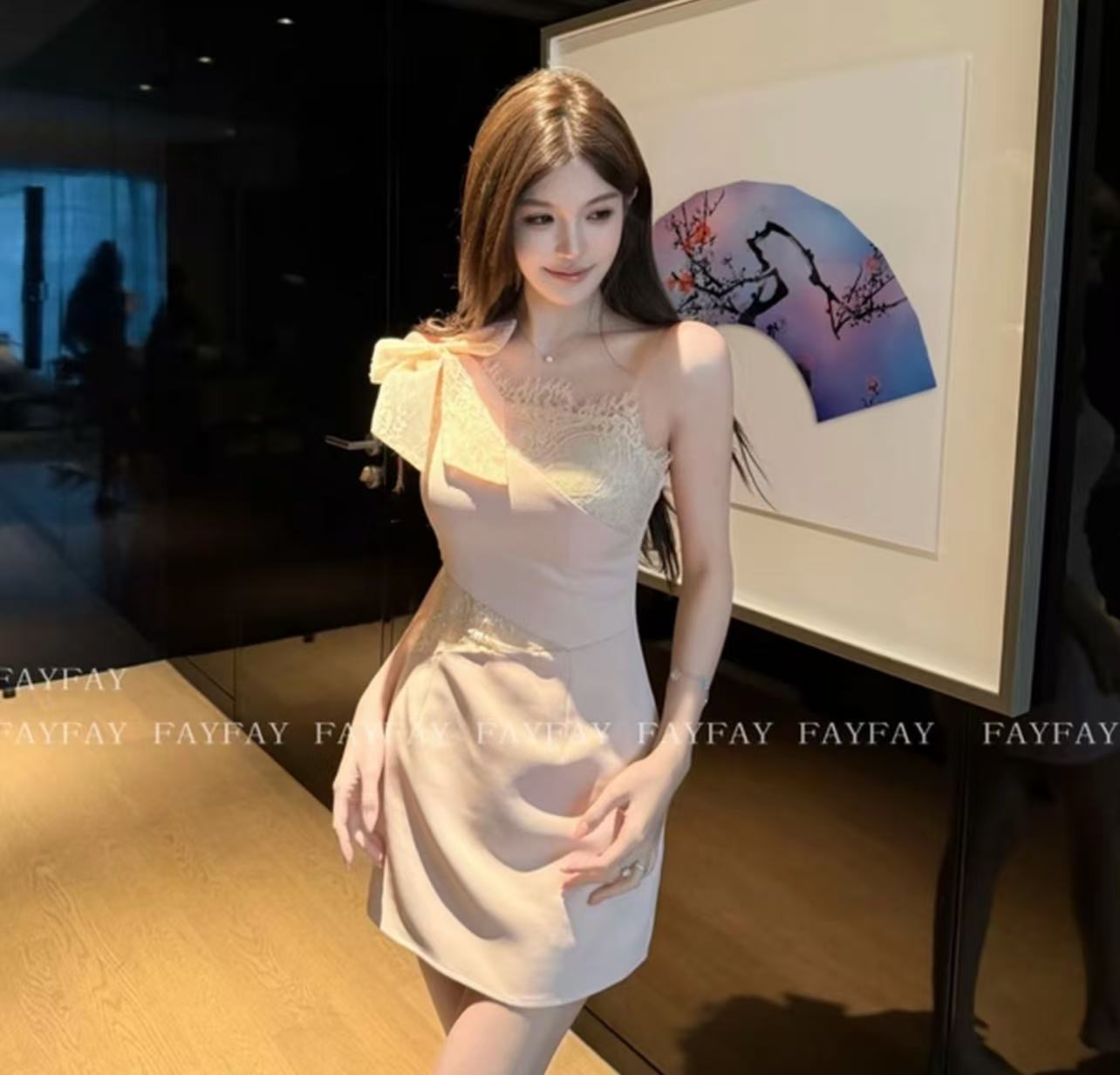 fay 달콤한 꿈 나비 순수한 욕망 비스듬한 어깨 레이스 나비 매듭 허리 수축 한 마디 진자 드레스