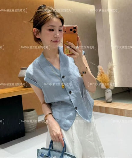 콩 추천 여름 싱글 줄 버튼 주름 허리 수축 품격 V넥 작은 셔츠 민소매 프랑스식 슬림해 보이는 맨위 바지