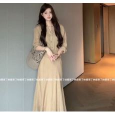 批发林娜来了复古V领长袖防晒上衣女高腰A子半身焕新季裙百搭