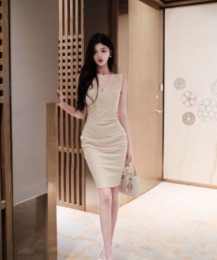 봄날 사역 분말 밀가루 질감 프랑스식 바람 허리 수축 슬림해 보이는 V넥 민소매 품격 드레스