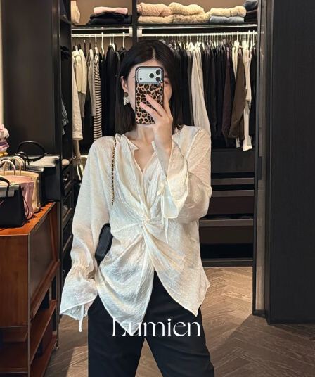 lumien 신제품 여름 새로운 비틀림 V넥 디자인 고급 센스 아세트산 긴팔 여성 셔츠