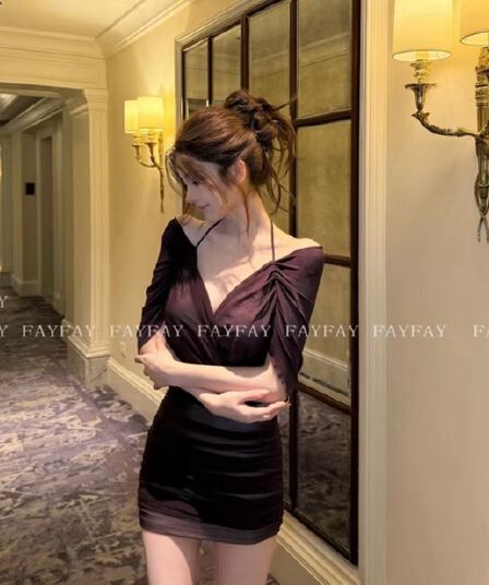 fay 보라색 실 꿈 순수한 욕망 바람 섹시함 주름 망토 허리 수축 몸매 가꾸기 슬림해 보이는 타이트 스커트 드레스