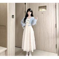 批发桔梗house 雾梦芭蕾 少女感温柔风蝴蝶结针织<b class='q'>罩衫</b>蕾丝连衣裙套装