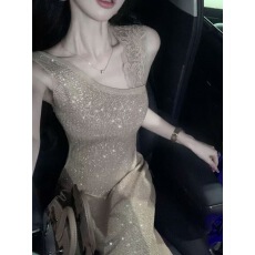 批发SYQIAO/雅乔 奢华加冕斜肩蕾丝亮闪人棉针织连衣裙