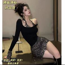 批发FORNIS 假两件亮片吊带<b class='q'>T</b><b class='q'>恤</b>显瘦半身裙套装