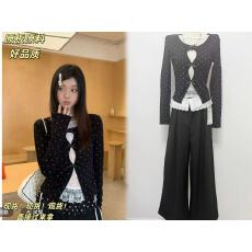 批发宋正恩1/12 韩系假两件镂空<b class='q'>蕾丝</b>打底衫女百搭长袖t恤上衣+裤子