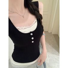 批发蕾丝拼接假两件吊带背心女夏季带胸垫撞色<b class='q'>修身</b>辣妹<b class='q'>打底衫</b>上衣外穿