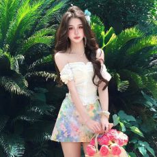 批发海边度假纯欲风甜辣妹<b class='q'>套装</b>女夏白色一字肩衬衫碎花半身短裙两件套