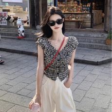 批发港味复古黑白格子V领无袖衬衫女夏季小众设计感修身显瘦短款上衣