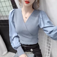 批发泡泡袖上衣女2025春夏新款V领雪纺拼接收腰气质长袖针织打底小衫