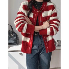 批发韩版软糯小香风毛衣外套女新款设计感小众黑白条纹<b class='q'>针织</b>开<b class='q'>衫</b>短款秋