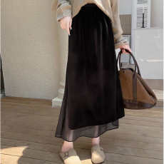 批发2025秋季新款高腰丝绒长裙女显瘦百搭洋气拼接网纱侧开叉半身裙潮