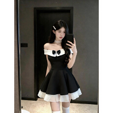 批发黑白礼赞蝴蝶结拼接<b class='q'>网纱</b>无袖连衣裙女气质撞色生日蓬蓬裙