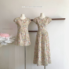 批发莫奈花信 短袖碎花纯棉<b class='q'>连衣裙</b>女春夏圆领长短款修身收腰裙
