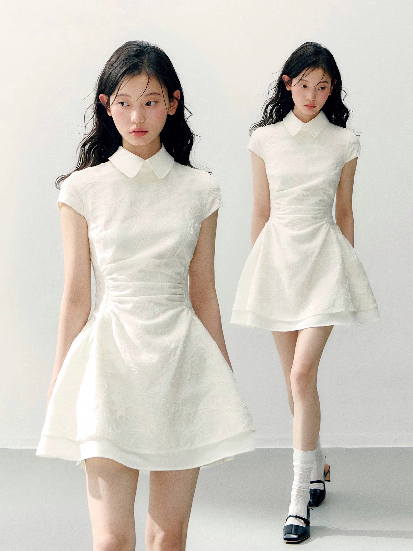 달빛 흰색 아야 화이트 레이스 자수 폴로 칼라 여성 드레스 페이크 레이어드 몸매 가꾸기 허리 수축 한 마디 미니 스커트