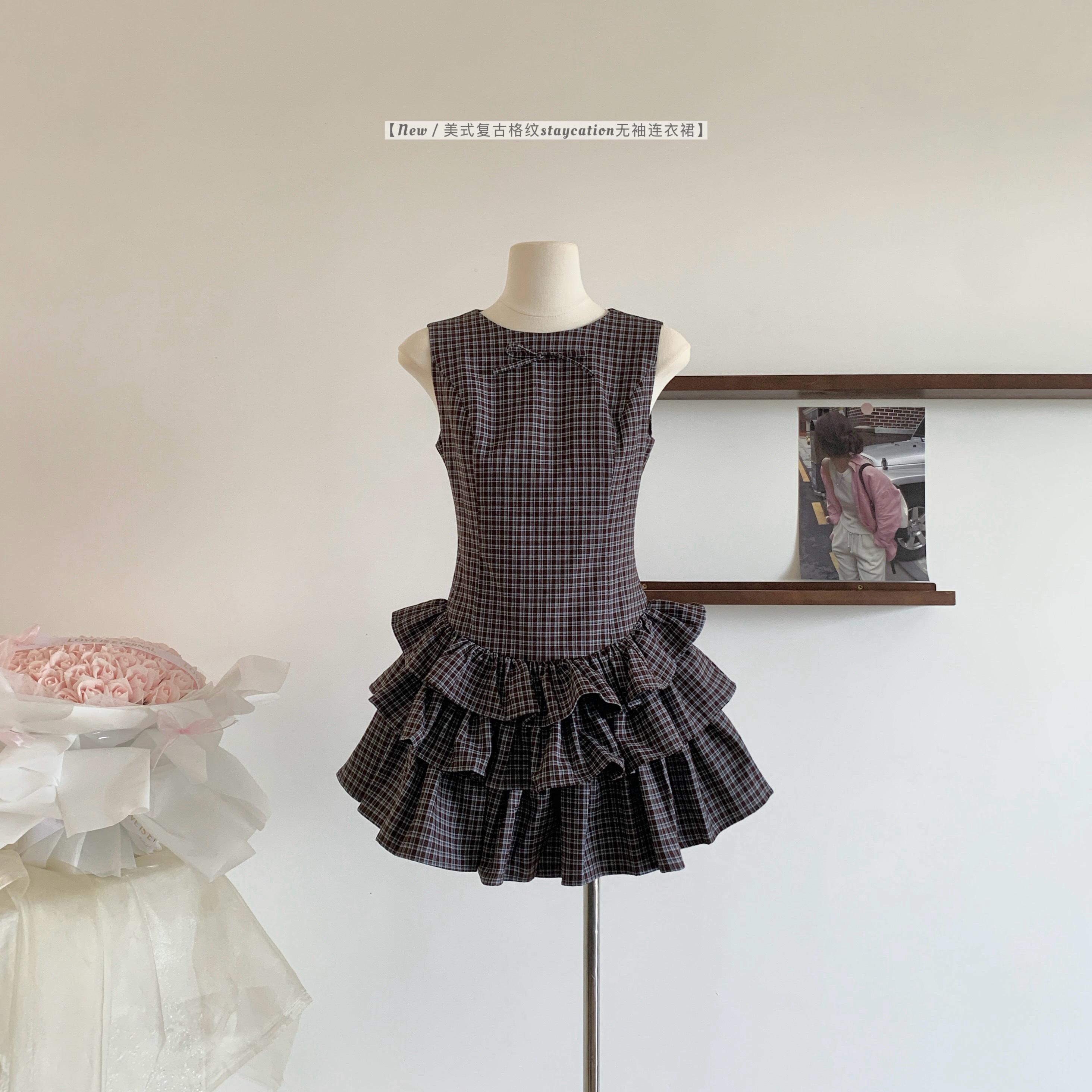 아메리칸 레트로 체크무늬 staycation 민소매 여성 드레스 여름 새로운 치마