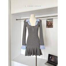 批发Mess Studio辣妹高级感收腰显瘦假两件灰色U领灰色<b class='q'>连衣裙</b>女秋季