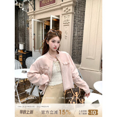 批发Acaine短款长袖粉色廓形麂皮外套女秋季美式棒球服夹克显白上衣