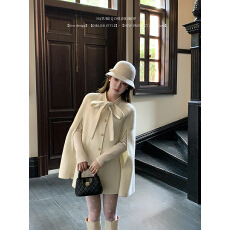 批发杨小卷 富家千金风1OO羊毛斗篷大衣蝴蝶结白色双面呢毛呢外套秋冬