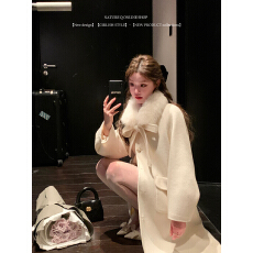 批发杨小卷 狐狸毛领1oo羊毛大衣女长款蝴蝶结双面呢外套冬日千金穿搭