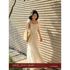 批发鹭青一原创梨花雪法式方领<b class='q'>连衣裙</b>女夏季白色<b class='q'>泡泡袖</b>新中式长裙