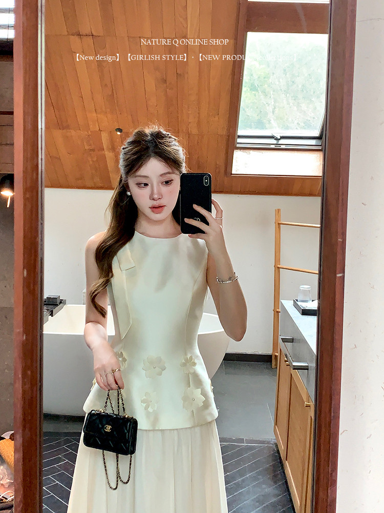 양 작은 볼륨 부유 한 가족 천 골드 3 차원 꽃 민소매 드레스 거즈 스커트 화이트 롱 스커트 꼬집기 허리 치마 라이센스 참여 예복