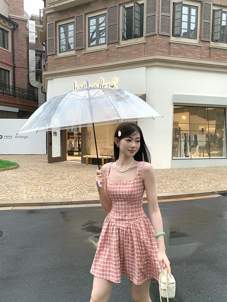 eia 하나 야오 연인 눈 리 장미 한 부서 여성 드레스 여름 달콤함 장난기 넘치는 소녀 센스 체크무늬 A라인 스커트