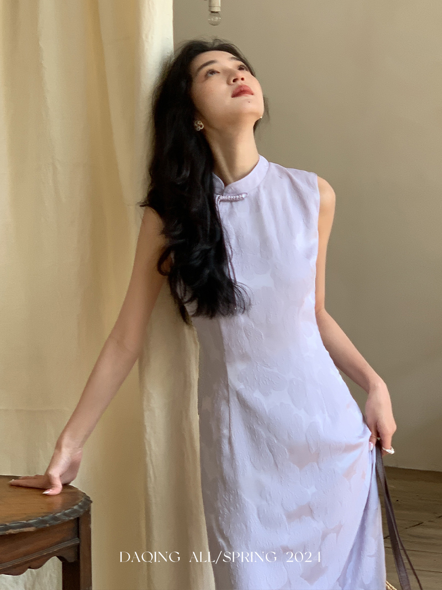 쉬 대 맑은 지 위안 새로운 중식 우아한 새틴 자카드 치파오 여성 드레스 하이웨이스트 슬림해 보이는 롱 스커트