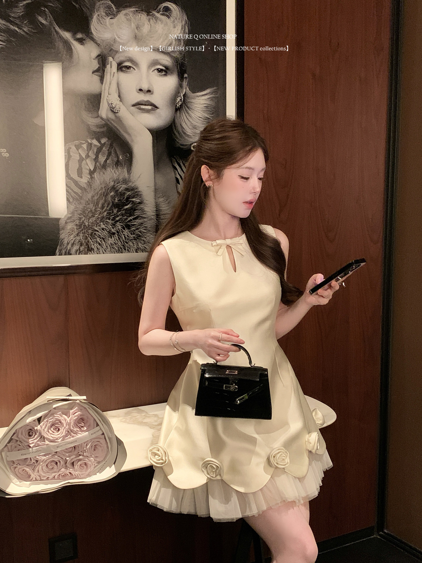 양 작은 볼륨 miu 부서 천 금빛 바람 민소매 허리 수축 여성 드레스 디자인 센스 참여 생일 예복 치마 공주 드레스