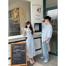 批发EIA一尧喜欢请响铃泡泡袖连衣裙女夏<b class='q'>情侣</b><b class='q'>款</b>V领条纹长裙<b class='q'>衬衫</b>