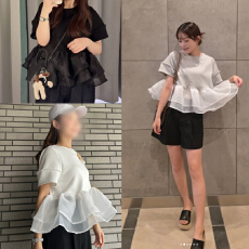 批发跨境<b class='q'>外贸出口</b>日系甜美减龄网纱荷叶边拼接短袖T恤娃娃衫短上衣女