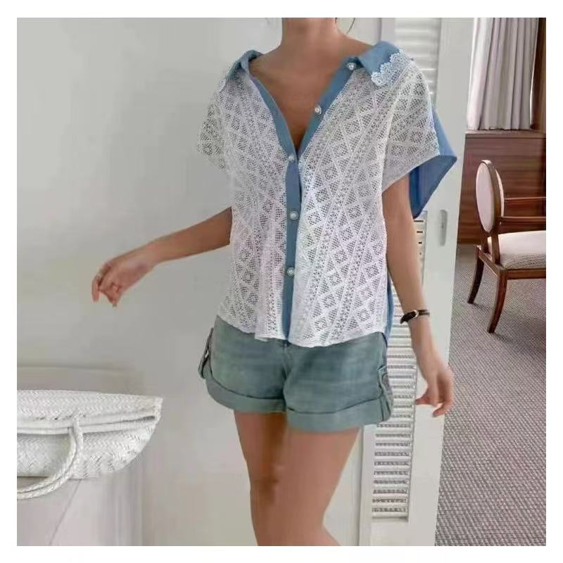 일본식 여성 셔츠 레이스 조각 데님 배색 레트로 여름 새로운 루즈핏 항구 바람이 아닙니다. 규칙 반팔 맨위
