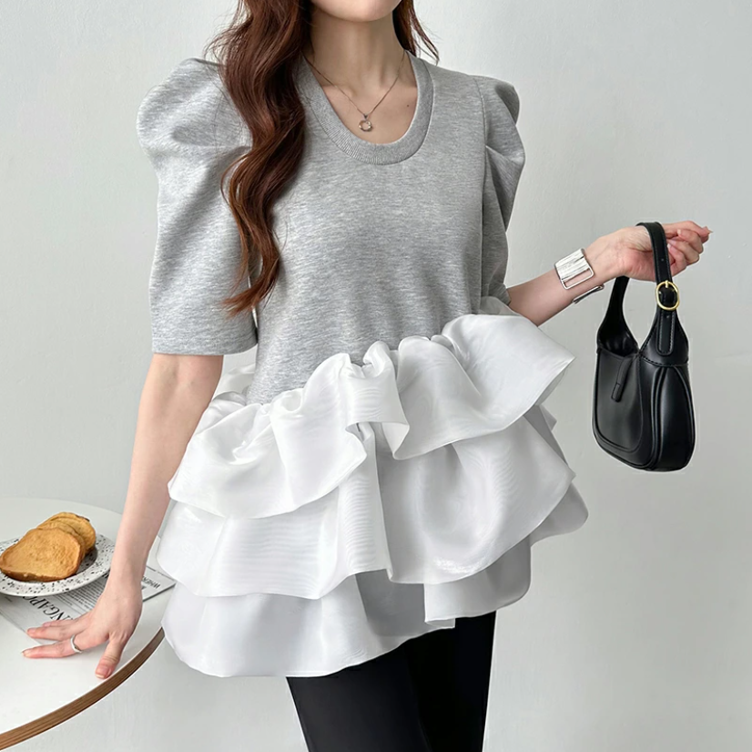 일본식 니트 패치워크 새틴 프릴 반팔 거품 소매 라운드 넥 맨위 표지 고기 슬림해 보이는 케이크 셔츠