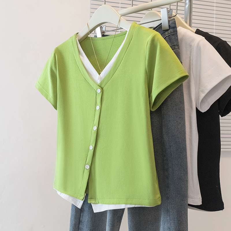 RY70105# 实拍大码女装韩版假两件V领短袖t恤夏胖妹妹遮肉显瘦休闲漂亮上衣