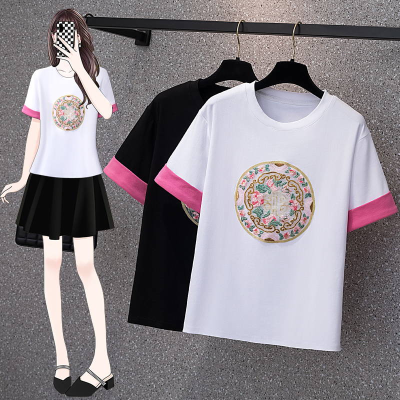 RY70106# 实拍大码女装2026夏季新国风洋气减龄撞色短袖t恤女胖mm宽松上衣