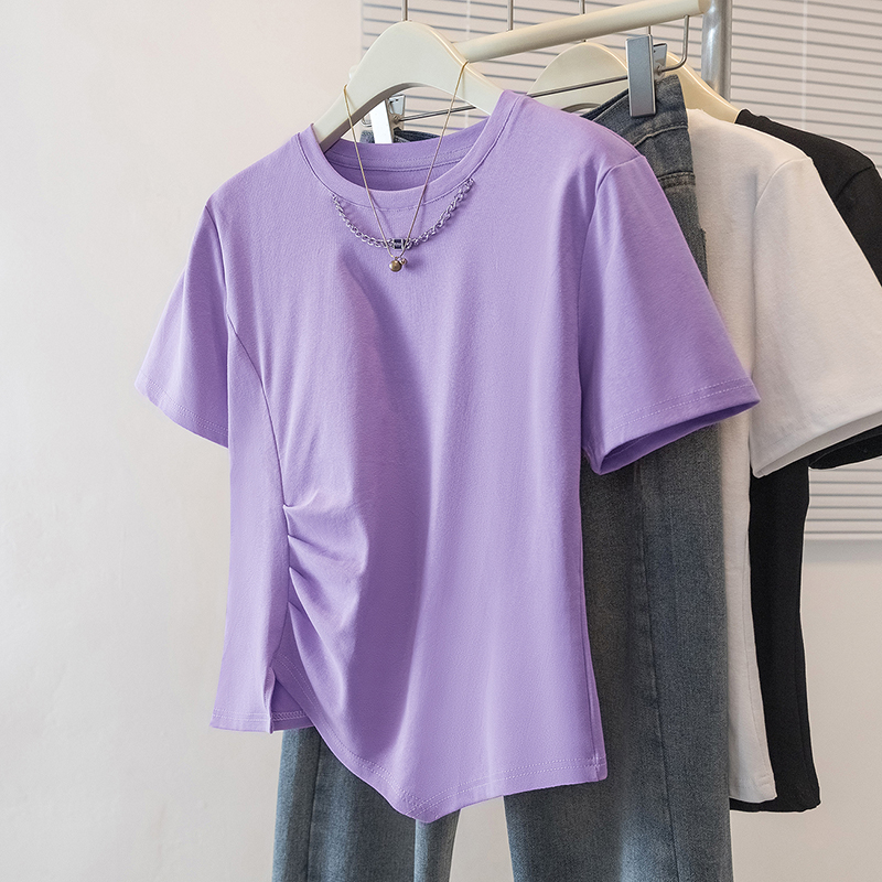 RY70107# 实拍大码女装韩版流行紫色短袖t恤夏胖妹妹洋气宽松减龄圆领上衣