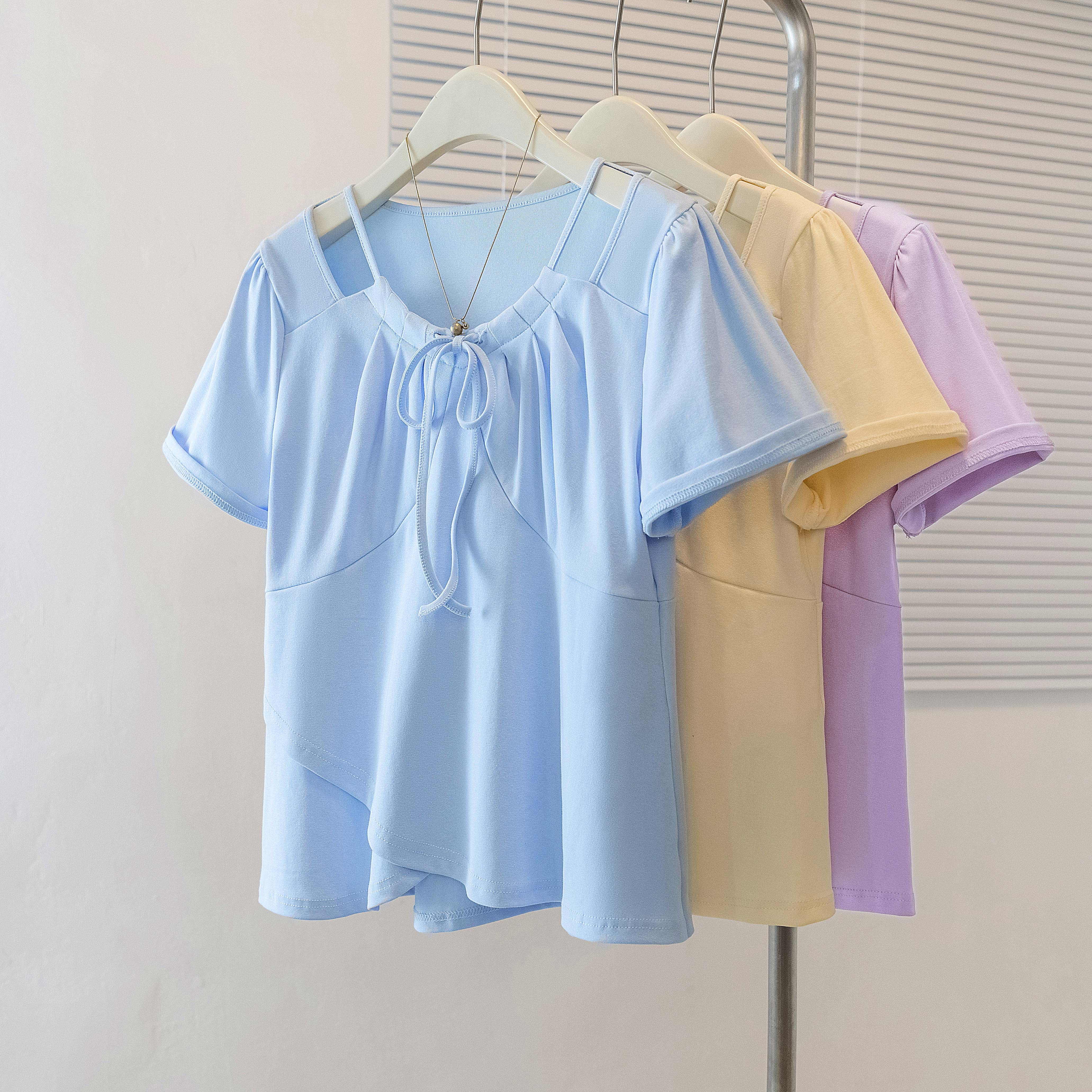 RY70108# 实拍大码女装2026夏季新款显瘦短袖t恤韩版系带正肩上衣纯色清新