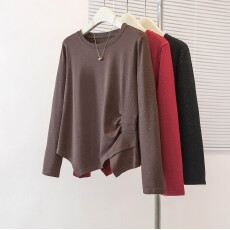 批发实拍新款大码加绒长袖T恤女设计感不规则褶皱打底衫遮肉显瘦圆领