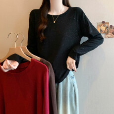 批发实拍大码加绒红色长袖T恤女2025<b class='q'>秋</b>冬季新款显瘦时尚百搭打底上衣