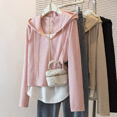 批发实拍大码女装粉红连帽假两件长袖t恤女早秋<b class='q'>胖</b><b class='q'>mm</b><b class='q'>遮</b>肉减龄百搭上衣